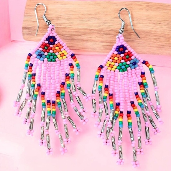 Pink and Silver Beaded Chandelier Earrings Pink Pony Club inspired - Picture 1 of 16